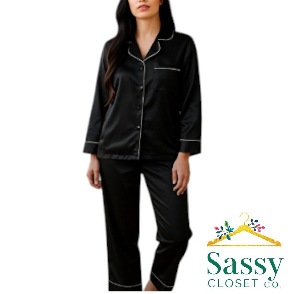 BLACK SATINY Pajama Set with Notched Collar and Piping Trim Sz L NWOT